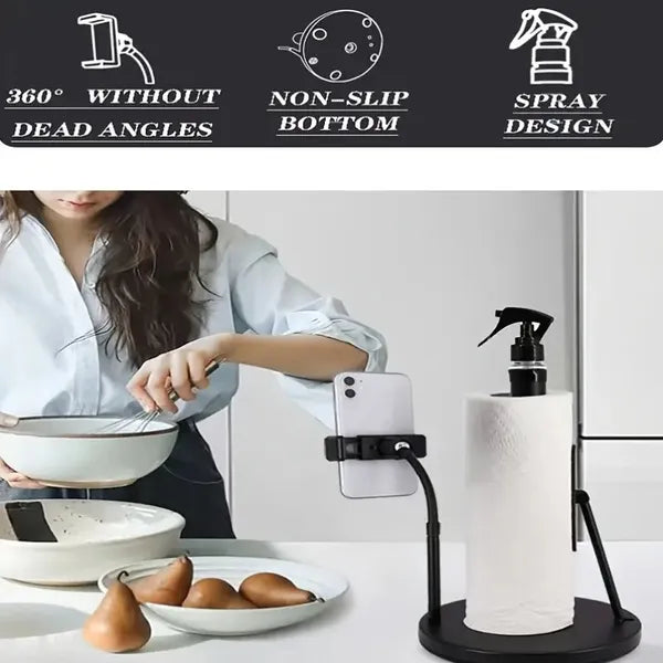 3-in-1 Stainless Steel Stand: Tissue Holder, Foldable Phone Holder, Spray Bottle, 360° Adjustable Arm, 2-minute Installation, Suction Cup Base. A Nice Gift For The Family.