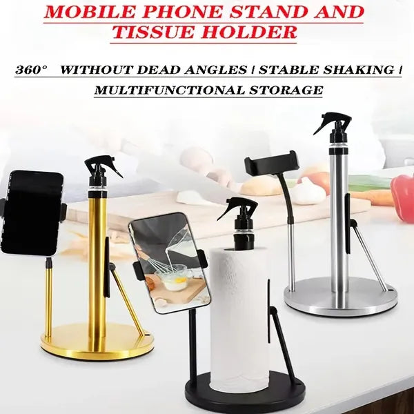 3-in-1 Stainless Steel Stand: Tissue Holder, Foldable Phone Holder, Spray Bottle, 360° Adjustable Arm, 2-minute Installation, Suction Cup Base. A Nice Gift For The Family.
